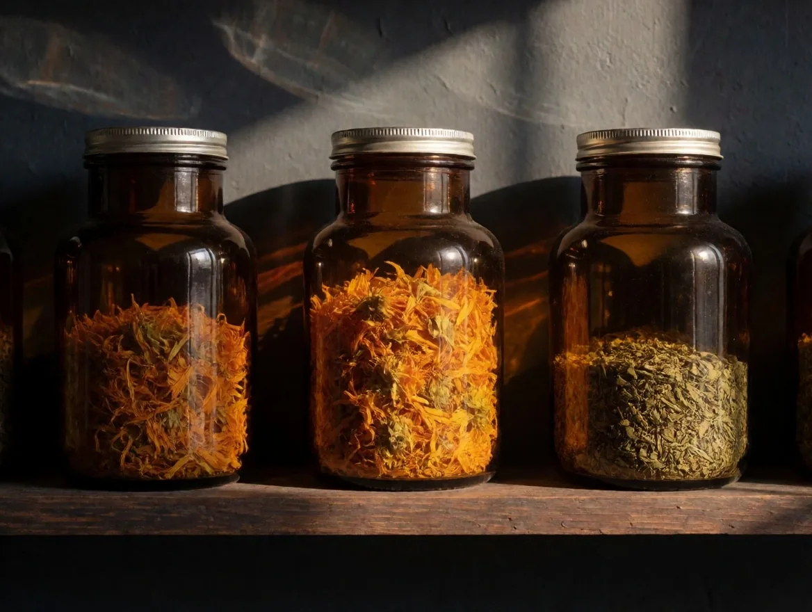 Amber glass jars of dried herbs on an apothecary shelf