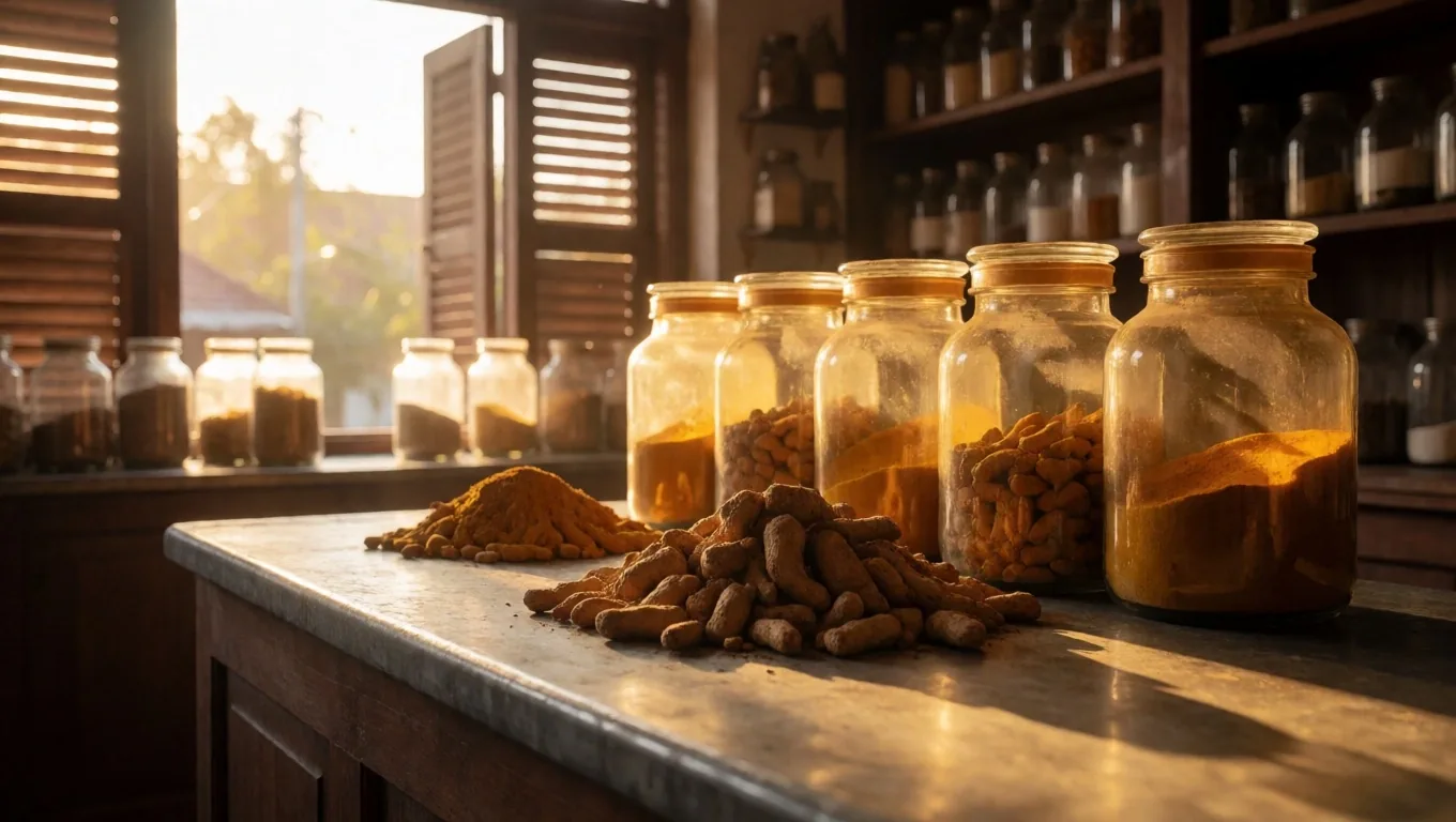 Apothecary interior with botanical jars on wooden shelves at golden hour