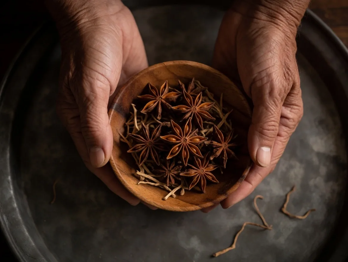 Hands holding a wooden bowl of dried botanicals