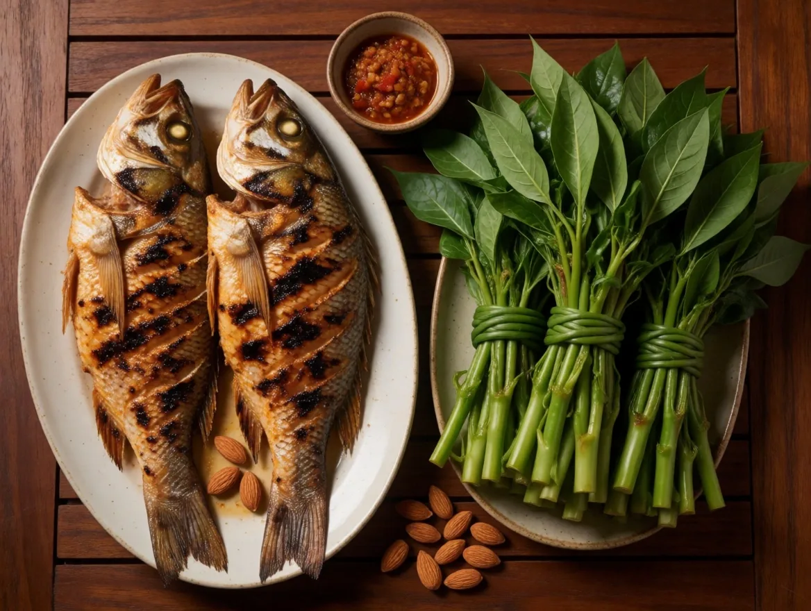 Whole food spread with leafy greens, nuts, and lean protein on a wooden table