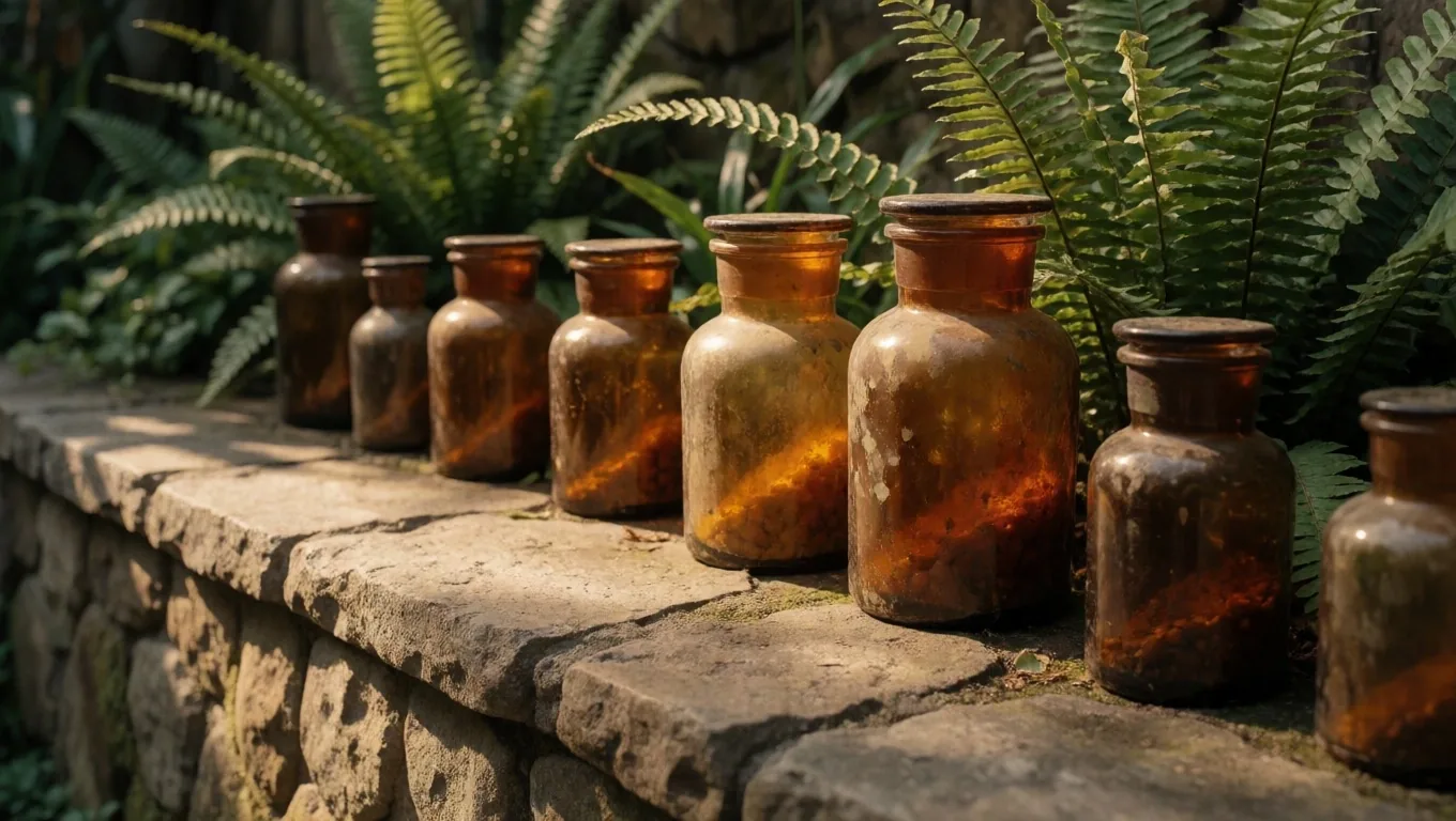 Labeled amber glass jars of botanical supplements arranged on a dark wooden shelf