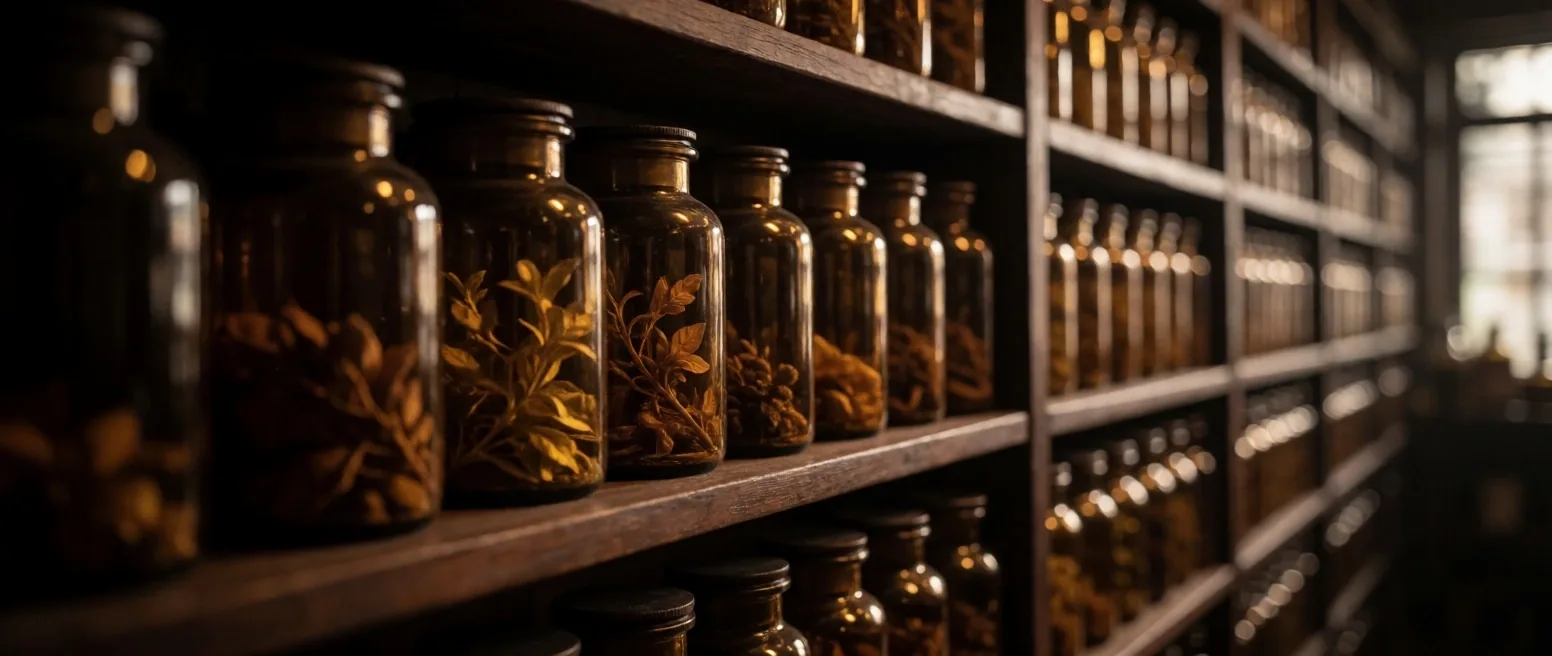 Rows of amber apothecary jars on a shelf in dim warm apothecary interior