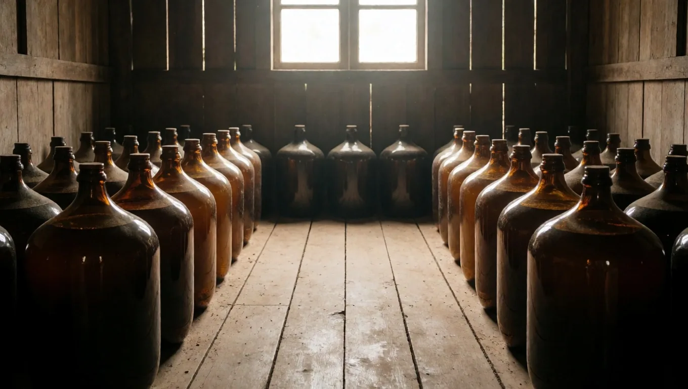 Botanical ingredient jars on a wooden shelf in warm amber light