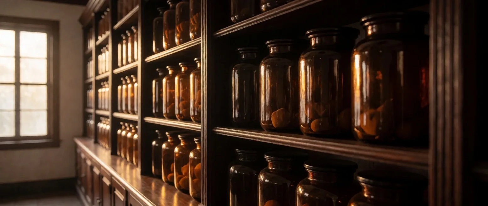 Apothecary interior with rows of amber glass jars on dark shelves at golden hour