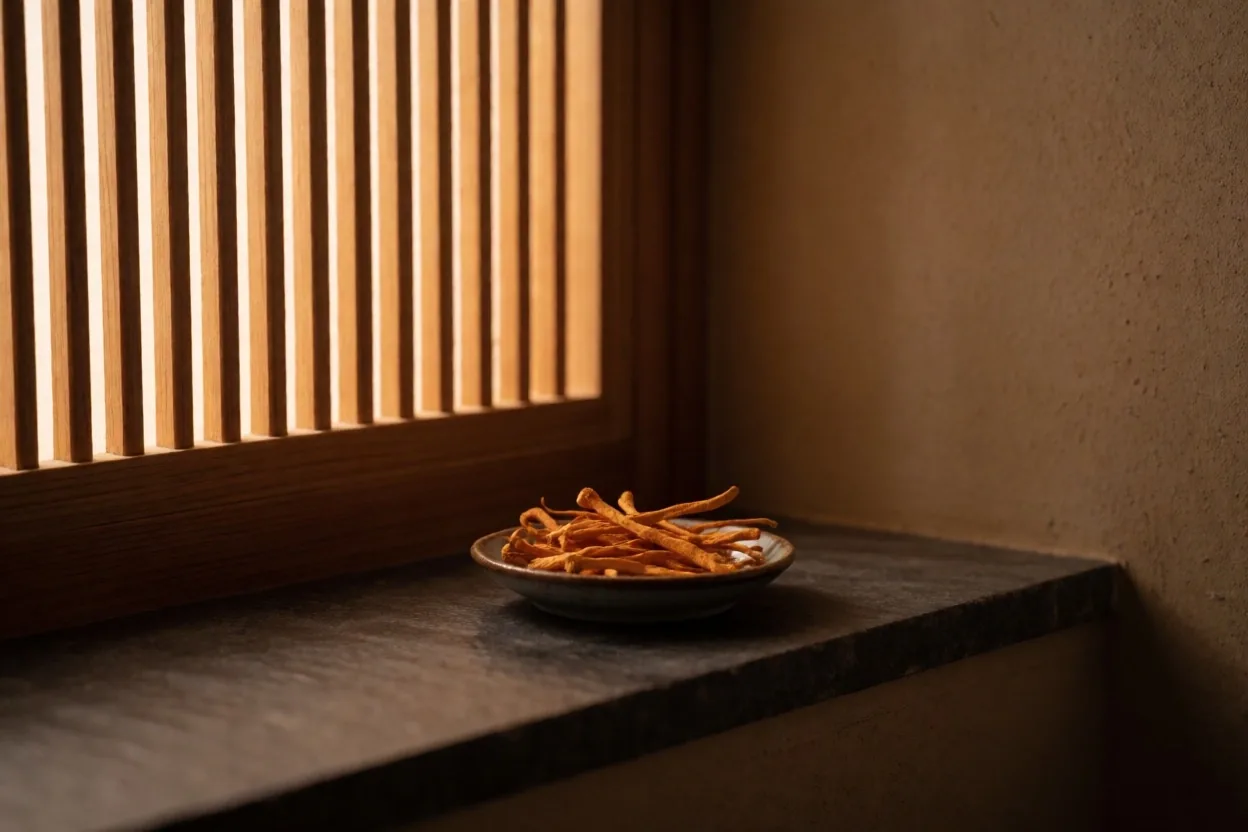 Dried cordyceps mushrooms on a dark zinc tray
