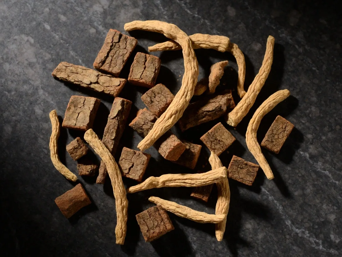 Ashwagandha root powder and ginseng on a dark zinc counter
