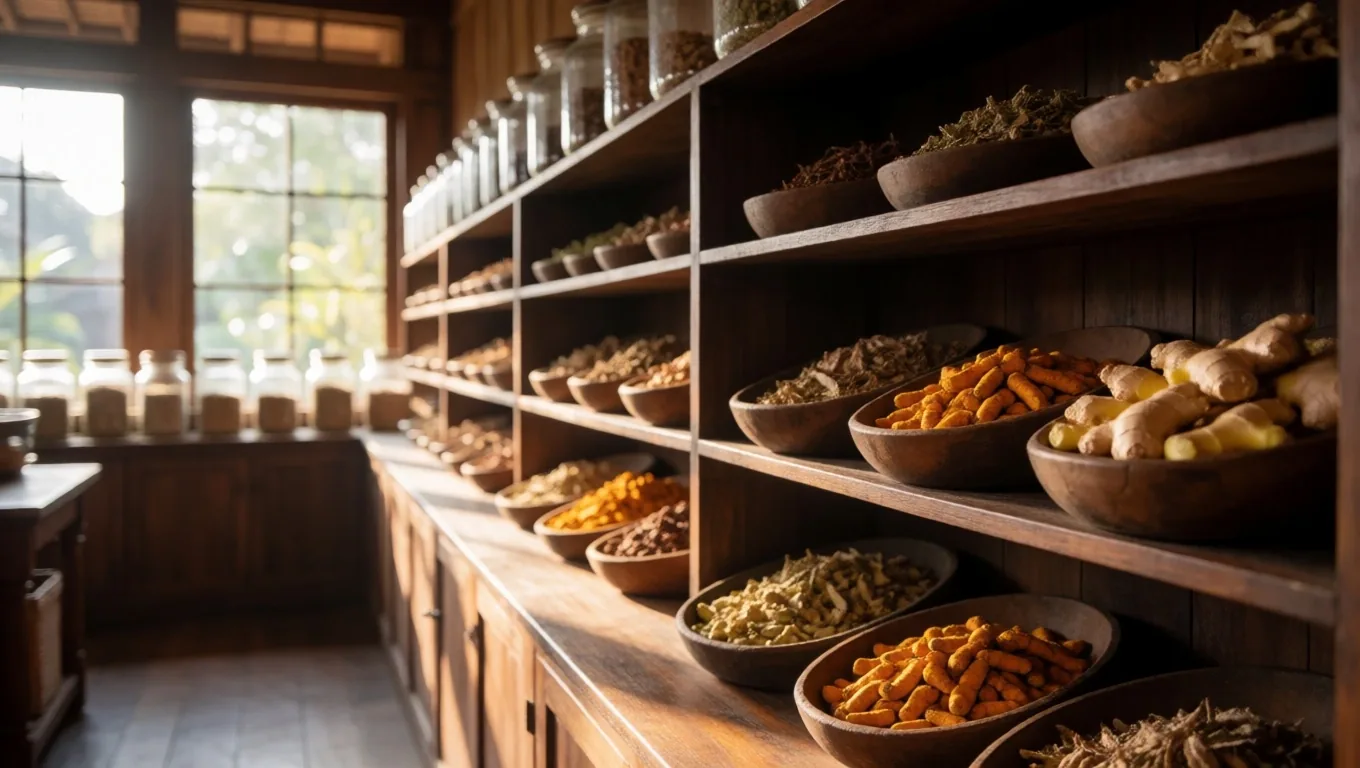 Botanical ingredients on a wooden apothecary shelf in warm amber light
