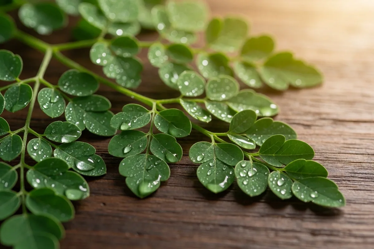 Fresh moringa leaves on a dark wooden surface