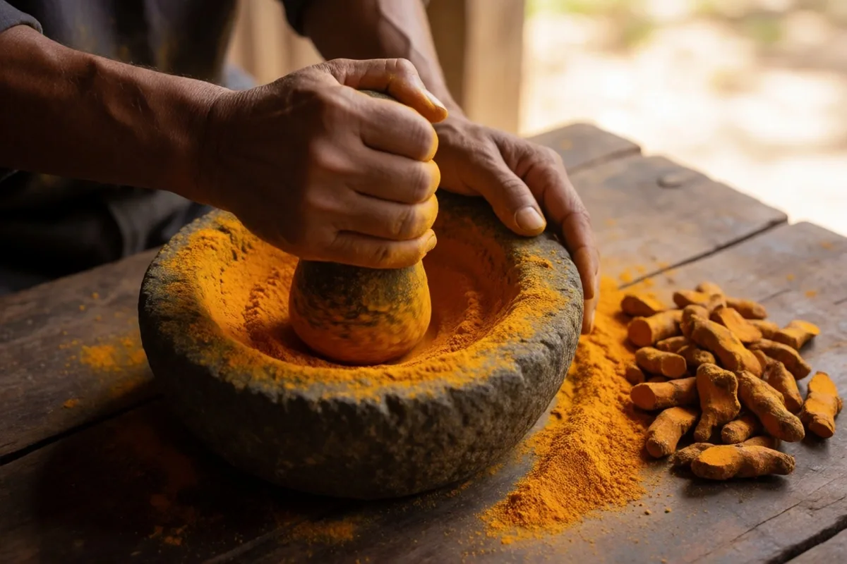 Hands grinding turmeric root with a mortar and pestle