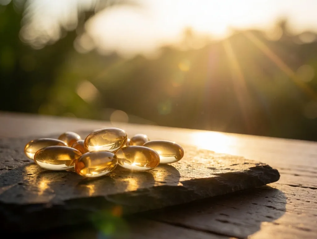 Amber jars of vitamin D3 in warm window light
