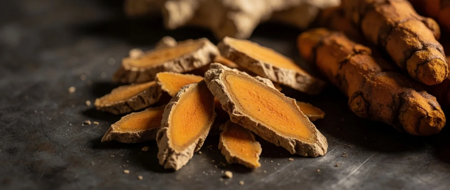 Dried turmeric and ginger on a zinc counter